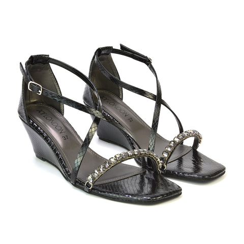 Sky Strappy Square Toe Patterned Diamante Wedge Heel Sandals in Black