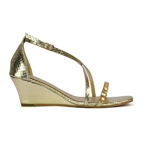 Sky Strappy Square Toe Patterned Diamante Wedge Heel Sandals in Silver