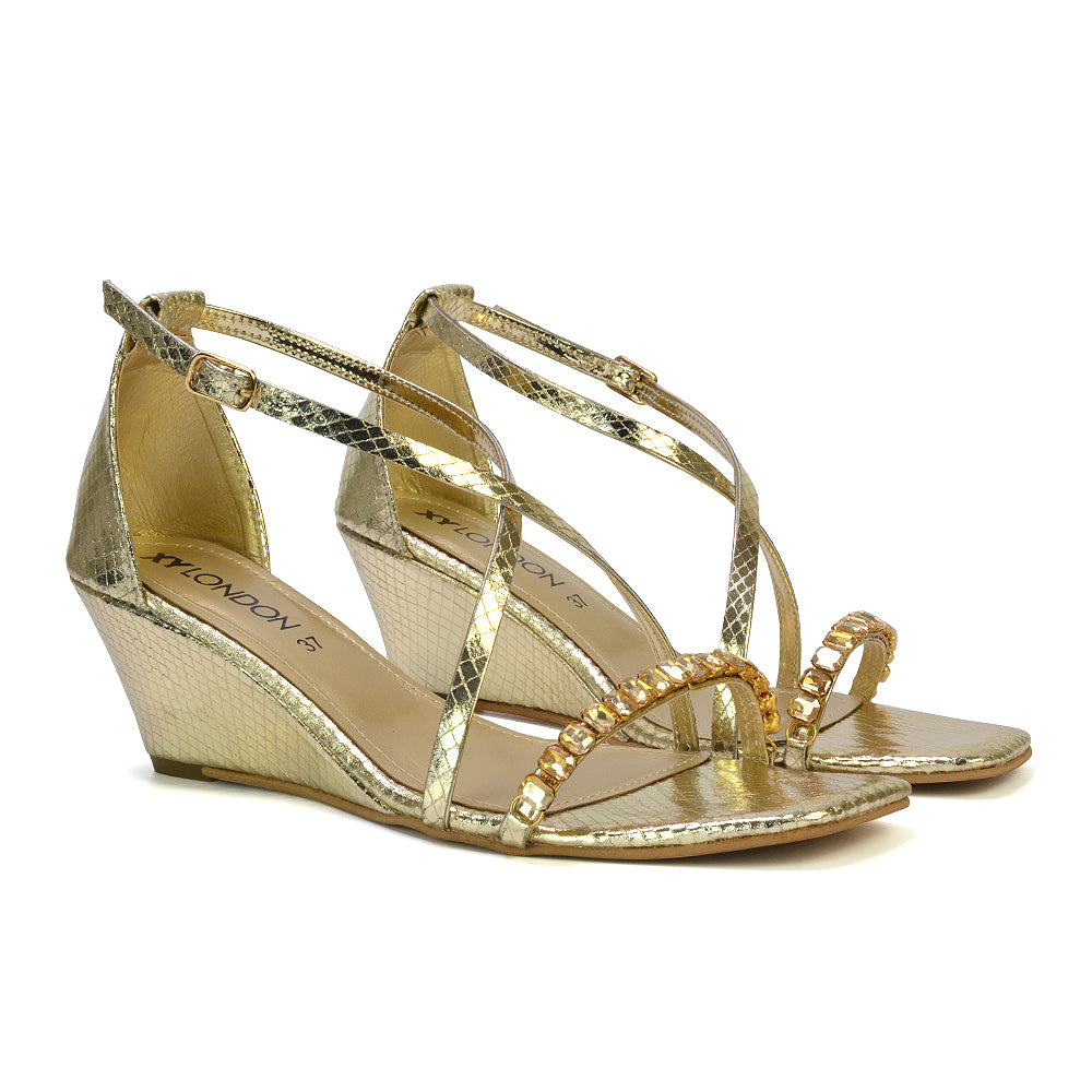 Sky Strappy Square Toe Patterned Diamante Wedge Heel Sandals in Gold