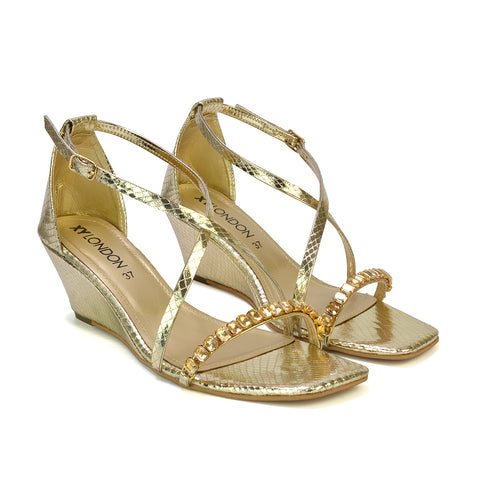 Sky Strappy Square Toe Patterned Diamante Wedge Heel Sandals in Gold