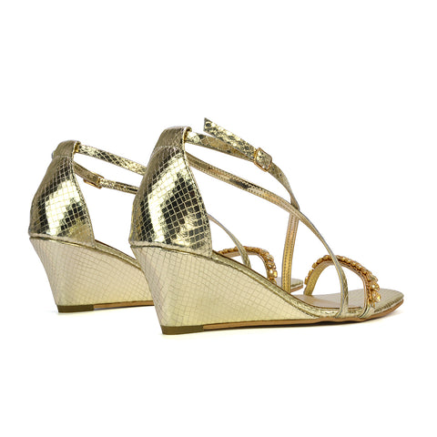 Sky Strappy Square Toe Patterned Diamante Wedge Heel Sandals in Silver