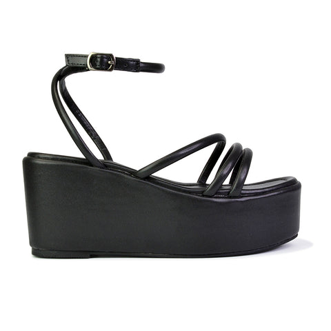Birdie Ankle Strap Platform Sandal Wedge Heel Flatforms in Black