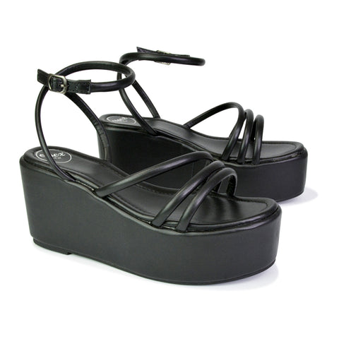 Birdie Ankle Strap Platform Sandal Wedge Heel Flatforms in Black