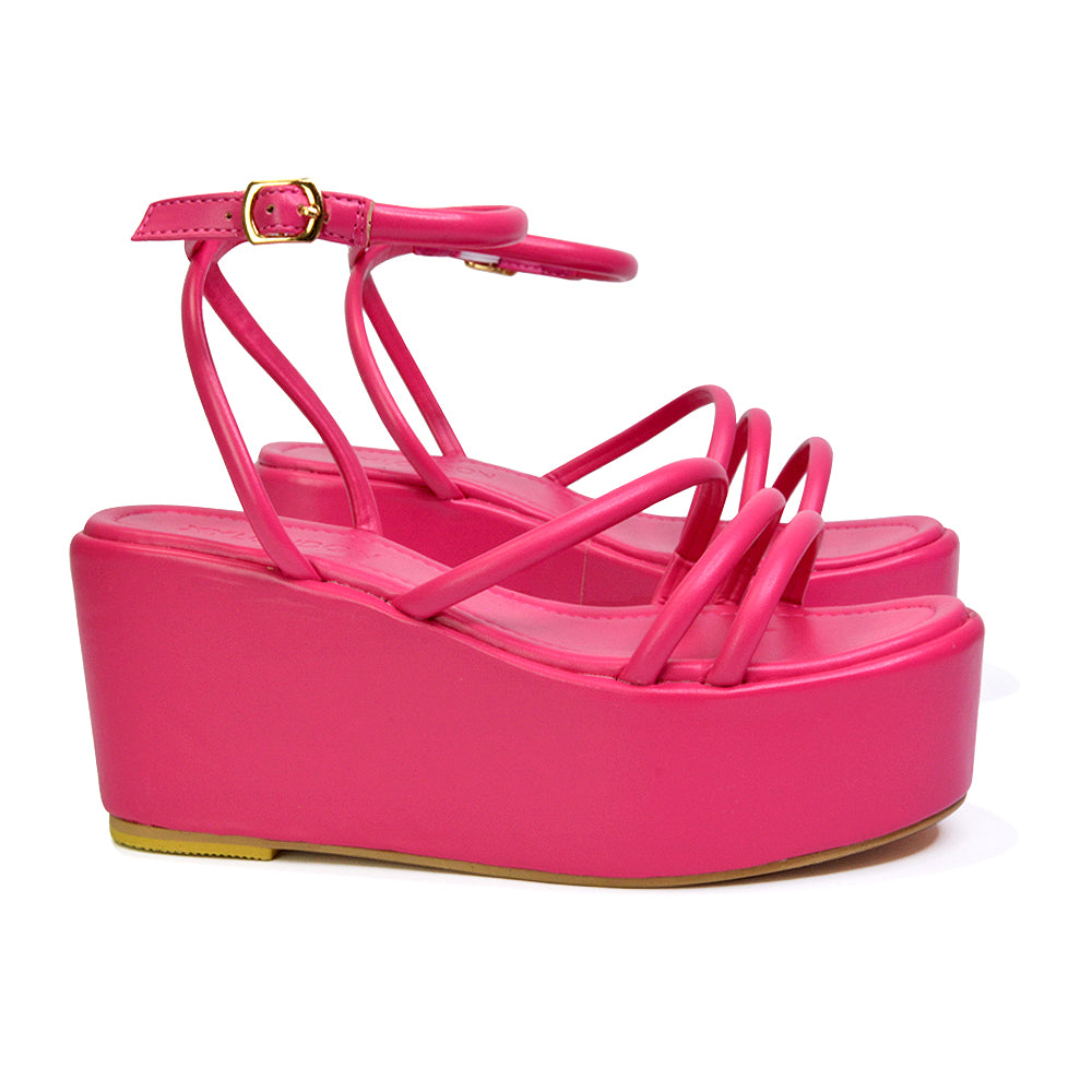 Birdie Ankle Strap Platform Sandal Wedge Heel Flatforms in Fuchsia