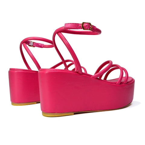 Birdie Ankle Strap Platform Sandal Wedge Heel Flatforms in Fuchsia