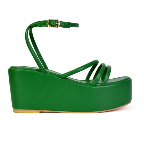 Birdie Ankle Strap Platform Sandal Wedge Heel Flatforms in Green