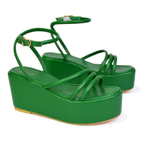 Birdie Ankle Strap Platform Sandal Wedge Heel Flatforms in Green