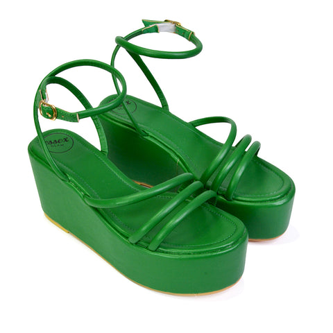 Birdie Ankle Strap Platform Sandal Wedge Heel Flatforms in Green