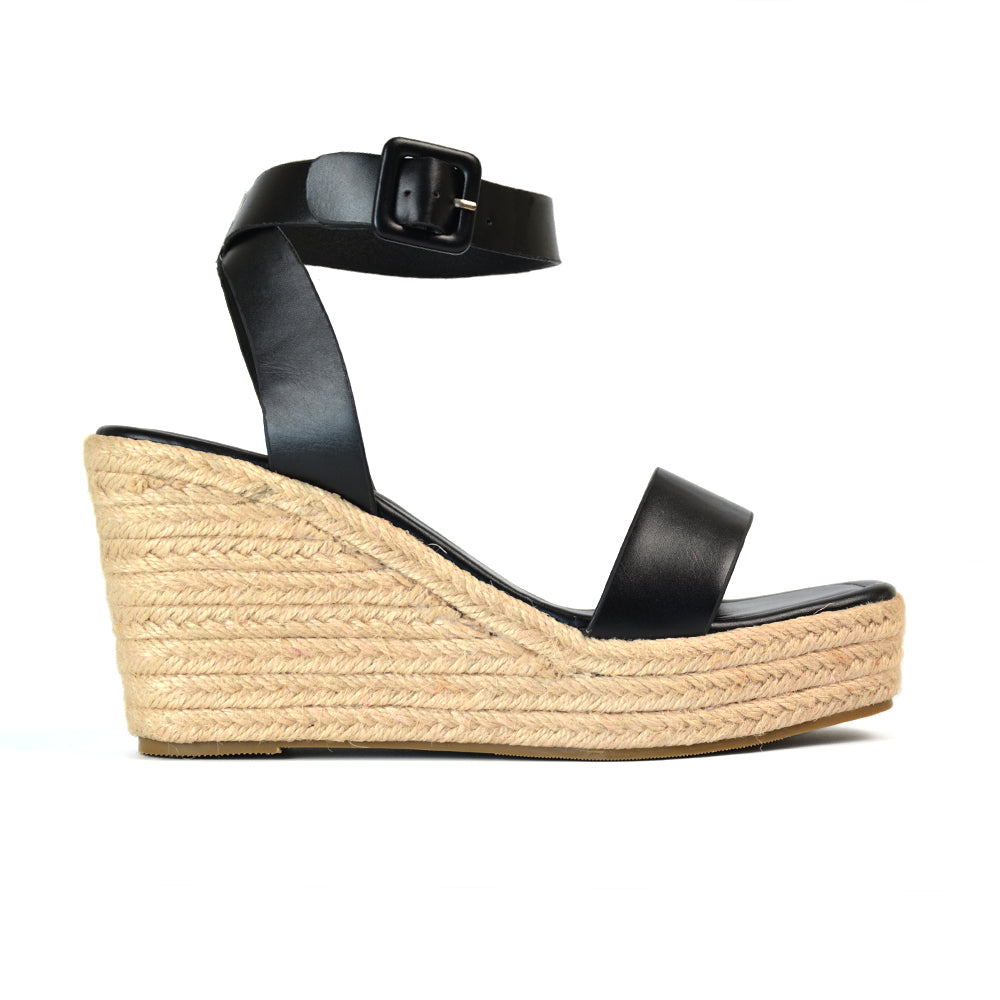 Dayla Platform Espadrille Sandal Wedge Heel With a Square Toe in Black