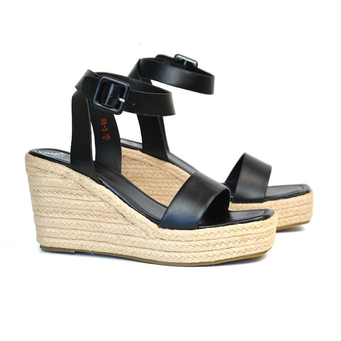 Dayla Platform Espadrille Sandal Wedge Heel With a Square Toe in Black
