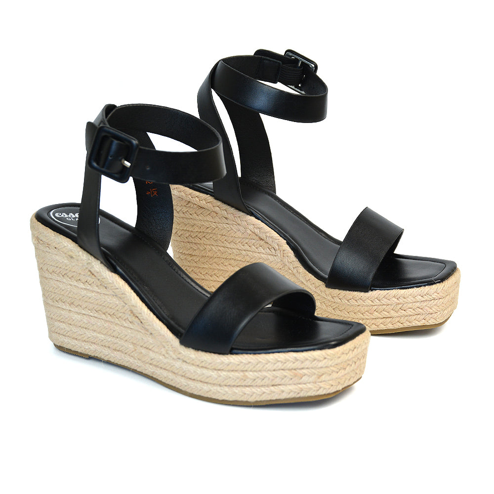 Dayla Platform Espadrille Sandal Wedge Heel With a Square Toe in Black