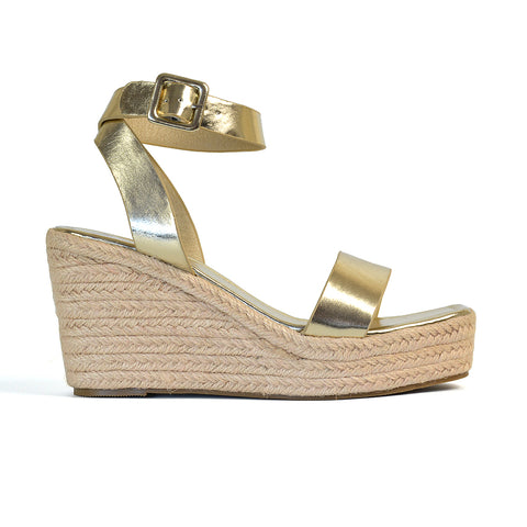 Dayla Platform Espadrille Sandal Wedge Heel With a Square Toe in Silver