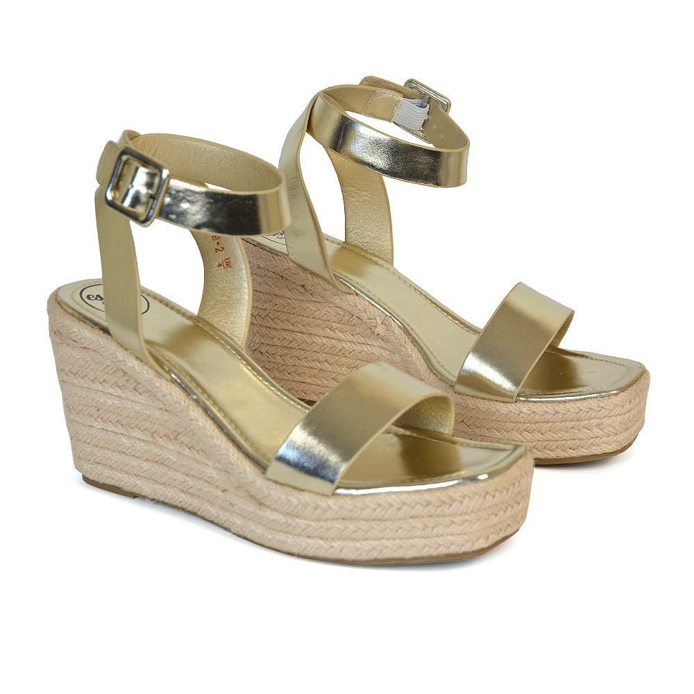 Dayla Platform Espadrille Sandal Wedge Heel With a Square Toe in Silver