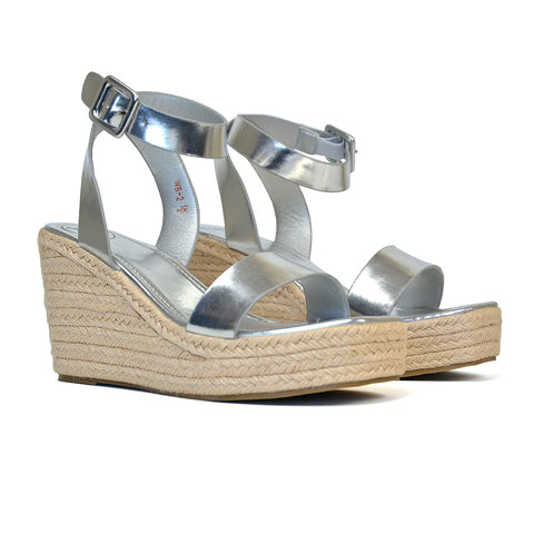 Dayla Platform Espadrille Sandal Wedge Heel With a Square Toe in Silver
