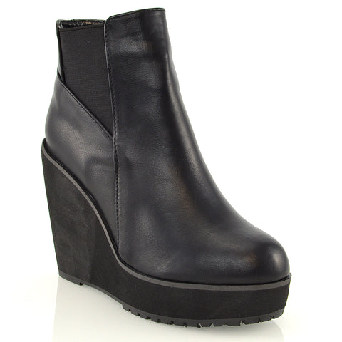 ROWEENA CHUNKY SOLE BIKER PLATFORM WEDGE HEEL ANKLE BOOTS IN BLACK SYNTHETIC LEATHER