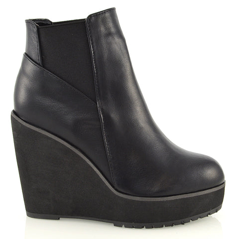 ROWEENA CHUNKY SOLE BIKER PLATFORM WEDGE HEEL ANKLE BOOTS IN BLACK SYNTHETIC LEATHER