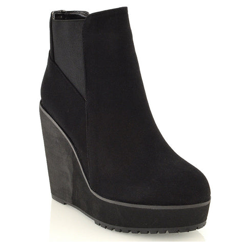 ROWEENA CHUNKY SOLE BIKER PLATFORM WEDGE HEEL ANKLE BOOTS IN BLACK FAUX SUEDE