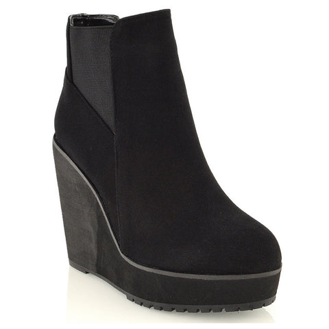 ROWEENA CHUNKY SOLE BIKER PLATFORM WEDGE HEEL ANKLE BOOTS IN BLACK SYNTHETIC LEATHER