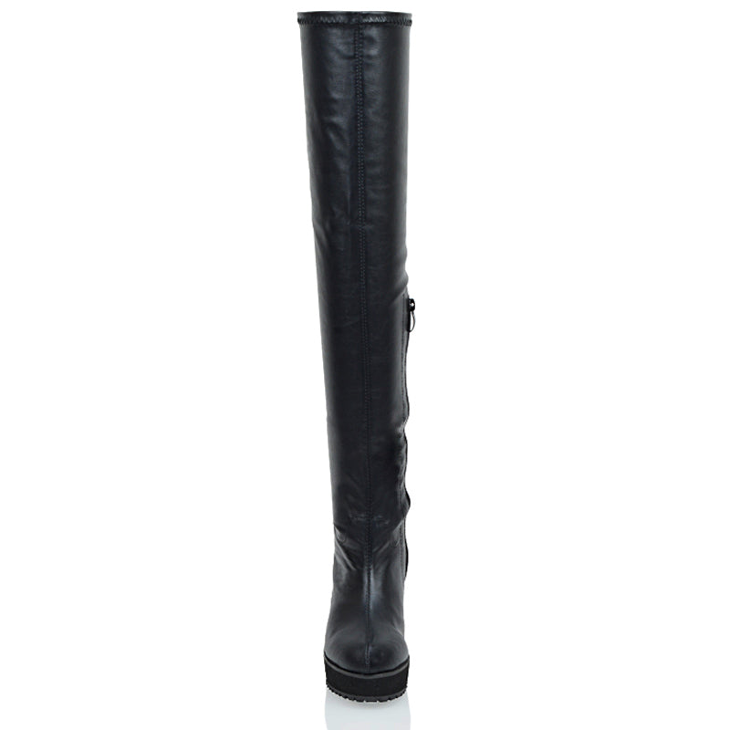 DALIA BLACK FAUX SUEDE ELASTICATED OVER THE KNEE THIGH HIGH WEDGE HEELED BOOTS