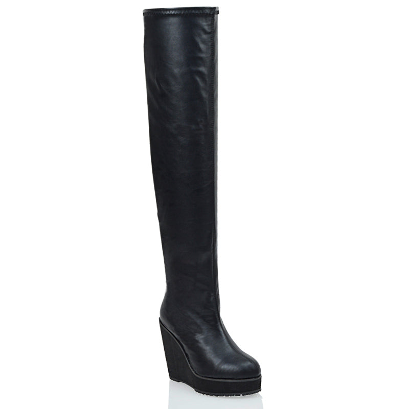 DALIA BLACK FAUX SUEDE ELASTICATED OVER THE KNEE THIGH HIGH WEDGE HEELED BOOTS