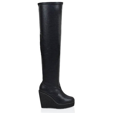 DALIA BLACK FAUX SUEDE ELASTICATED OVER THE KNEE THIGH HIGH WEDGE HEELED BOOTS