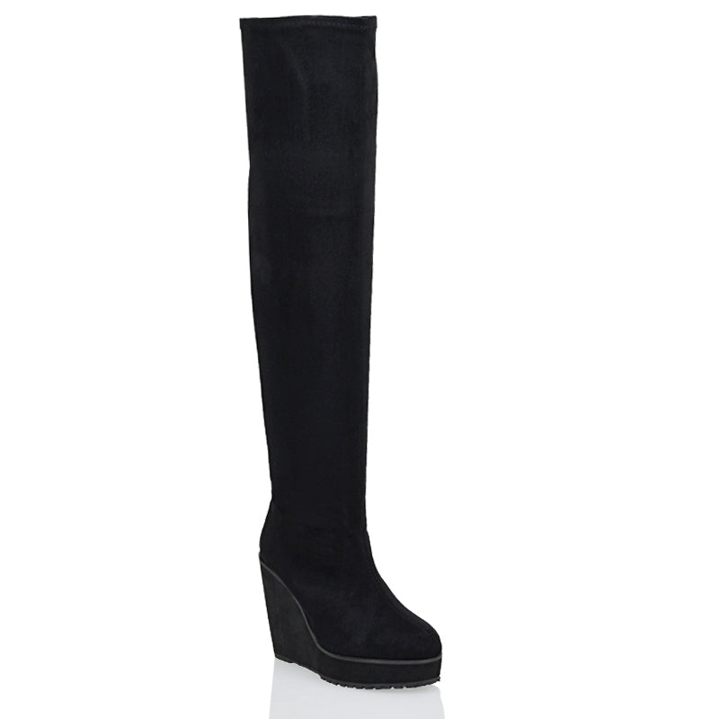 Black wedge knee high boots uk online