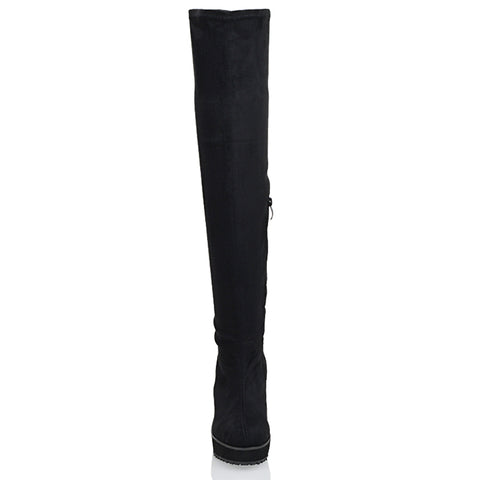 DALIA BLACK FAUX SUEDE ELASTICATED OVER THE KNEE THIGH HIGH WEDGE HEELED BOOTS