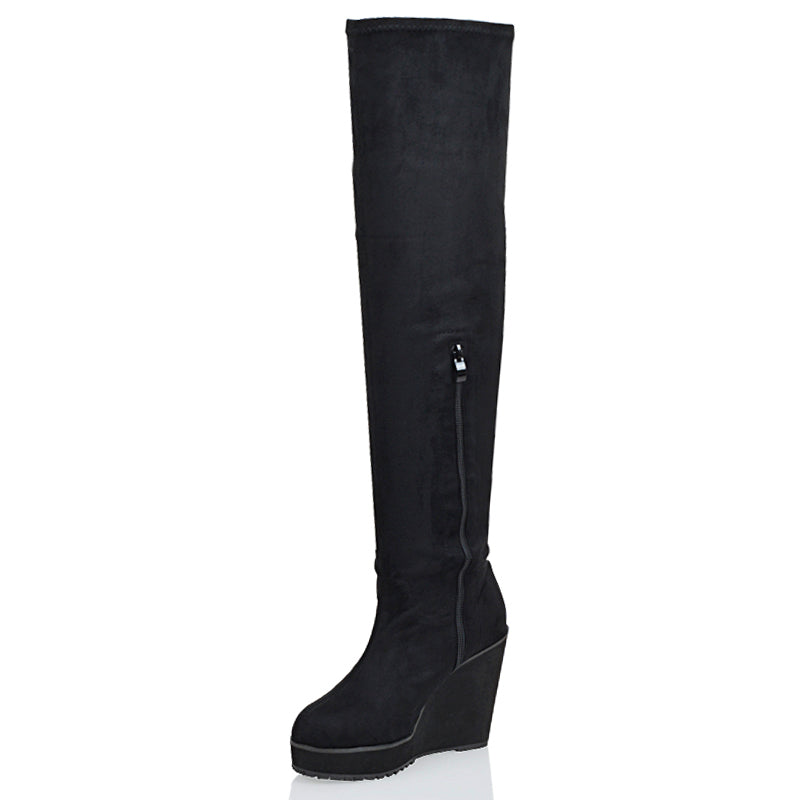 DALIA BLACK FAUX SUEDE ELASTICATED OVER THE KNEE THIGH HIGH WEDGE HEELED BOOTS