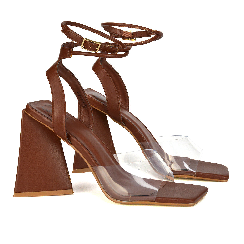 Dahlia Lace Up Ankle Strappy Perspex Square Toe Chunky Block High Heels in Brown