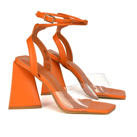 Dahlia Lace Up Ankle Strappy Perspex Square Toe Chunky Block High Heels in Orange