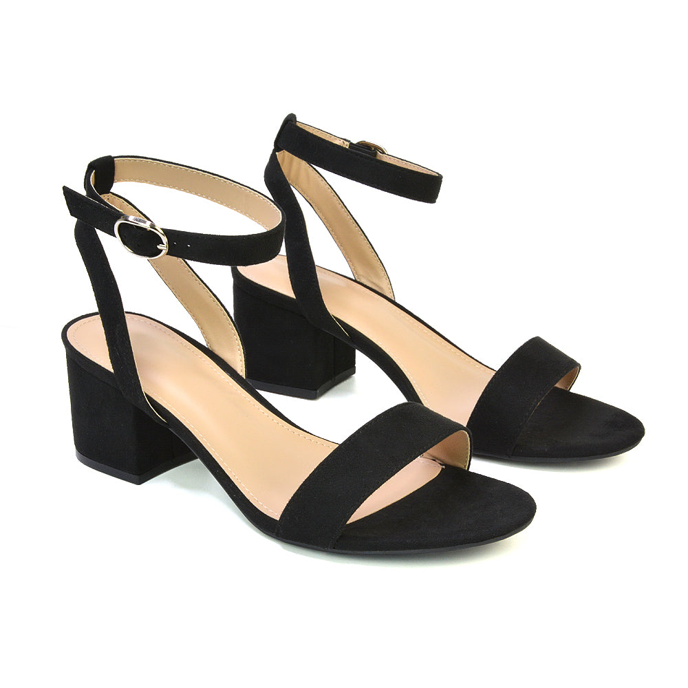 Dala Wide Fit Strappy Open Toe Mid Block Heel Sandals in Black