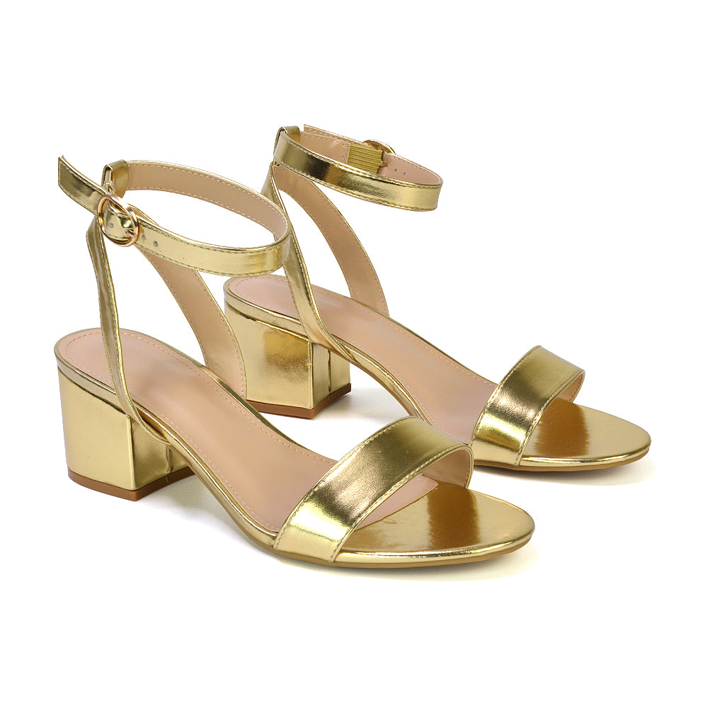 Dala Wide Fit Strappy Open Toe Mid Block Heel Sandals in Gold