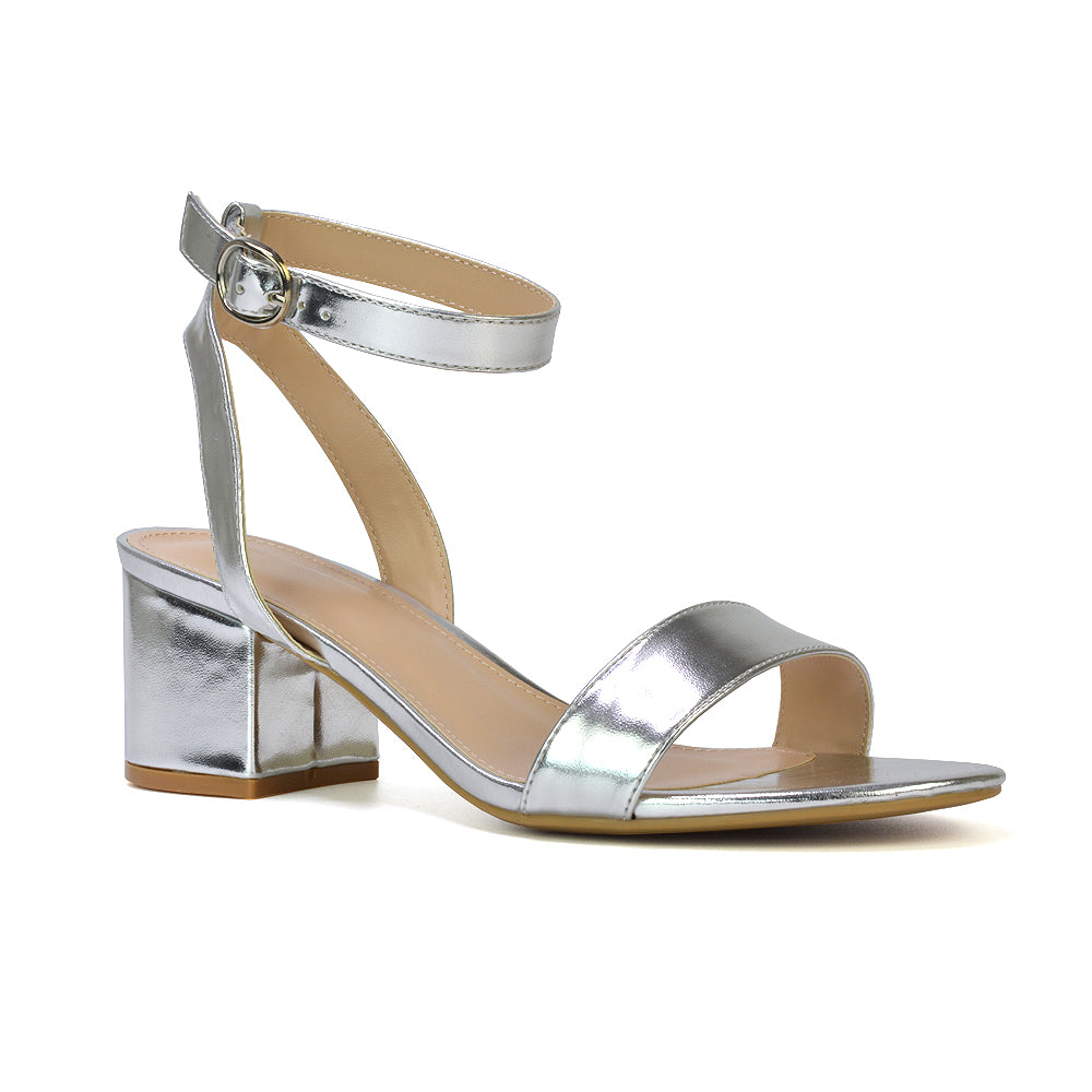 Dala Wide Fit Strappy Open Toe Mid Block Heel Sandals in Silver