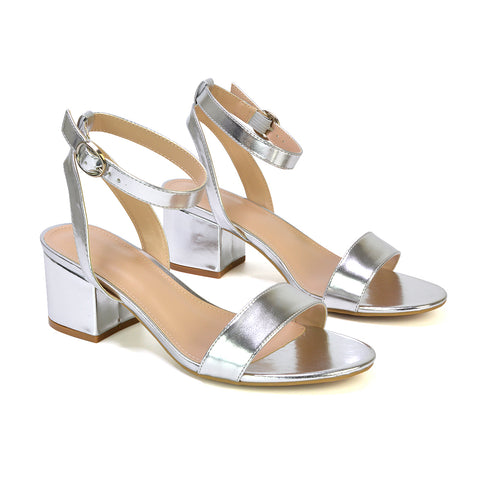 Dala Wide Fit Strappy Open Toe Mid Block Heel Sandals in Gold