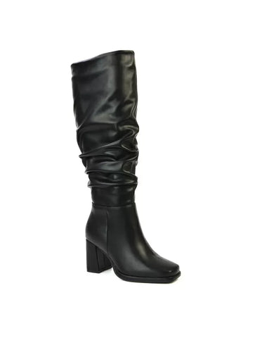 Aero Ruched Block Heel Wide Fit Knee High Boots in Black Synthetic Leather