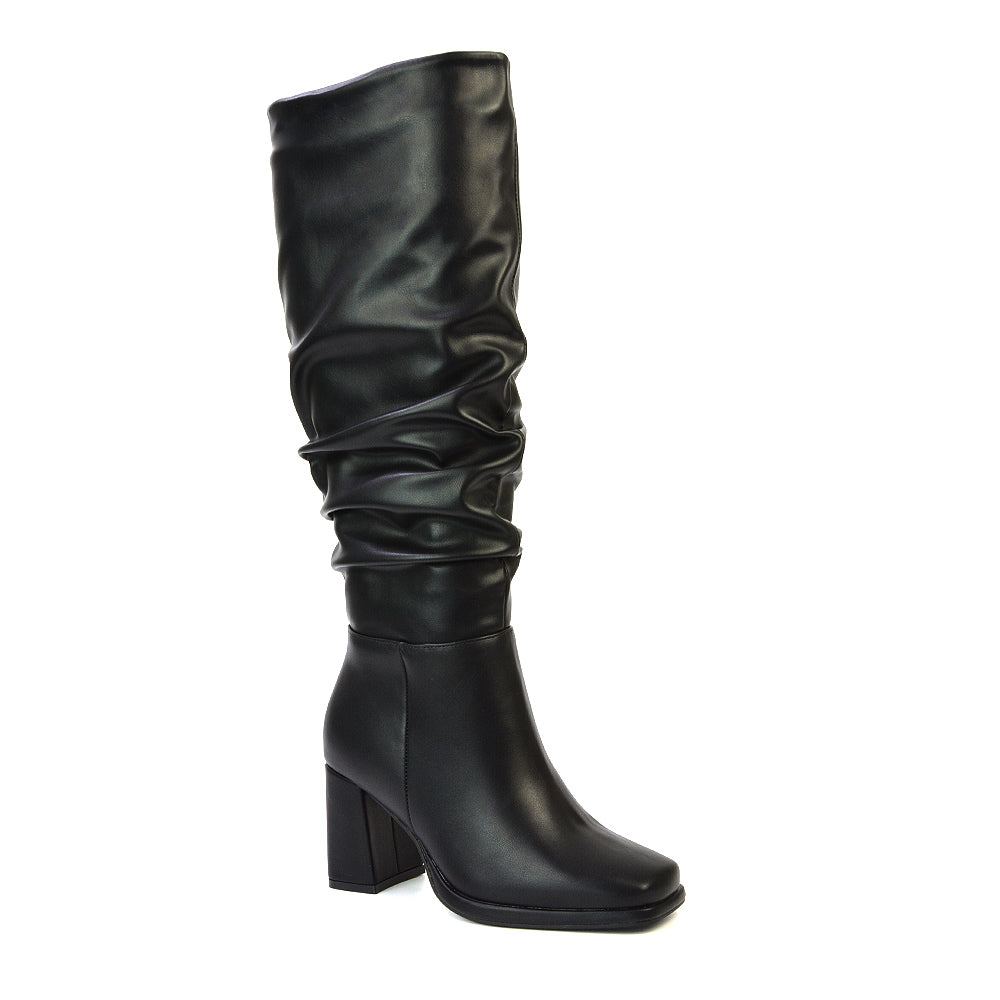 Aero Ruched Block Heel Wide Fit Knee High Boots in Black Synthetic Leather