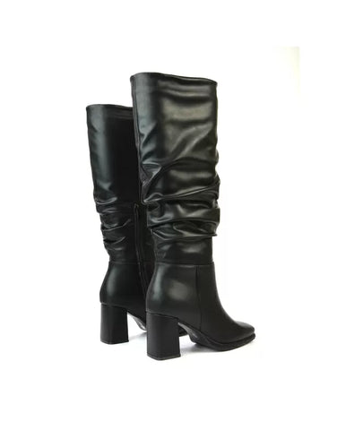 Aero Ruched Block Heel Wide Fit Knee High Boots in Black Synthetic Leather