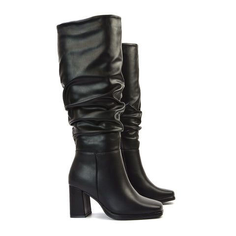 Aero Ruched Block Heel Wide Fit Knee High Boots in Black Synthetic Leather