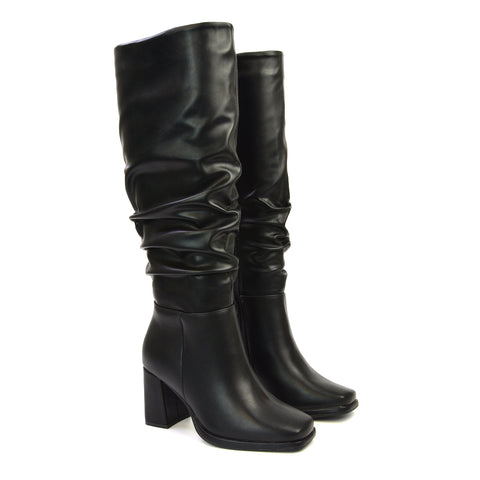 Aero Ruched Block Heel Wide Fit Knee High Boots in Black Synthetic Leather