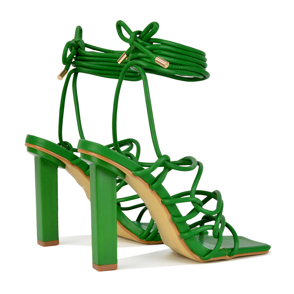 Jolene Strappy Square Toe Block High Heels Lace up Sandals in Green Synthetic Leather