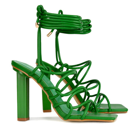 Jolene Strappy Square Toe Block High Heels Lace up Sandals in Green Synthetic Leather