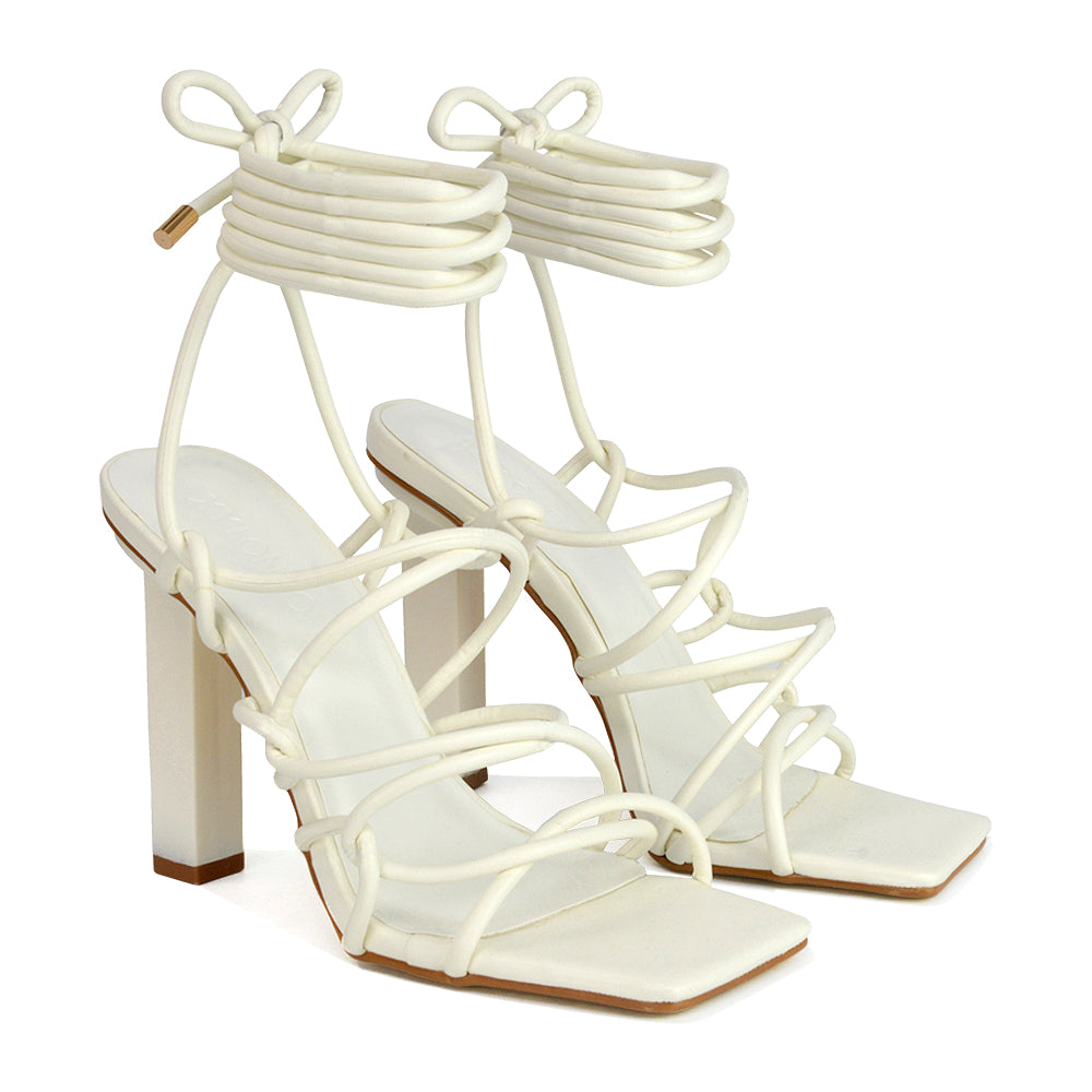 Jolene Strappy Square Toe Block High Heels Lace up Sandals in White Synthetic Leather