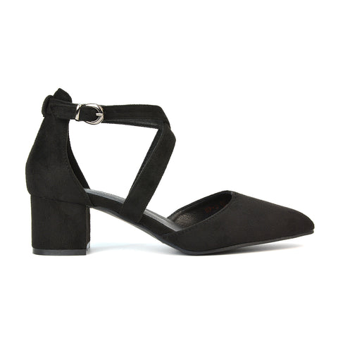 Cynthia Pointed Toe Ankle Strap Mid Block Heels Court Shoes in Black Faux Suede