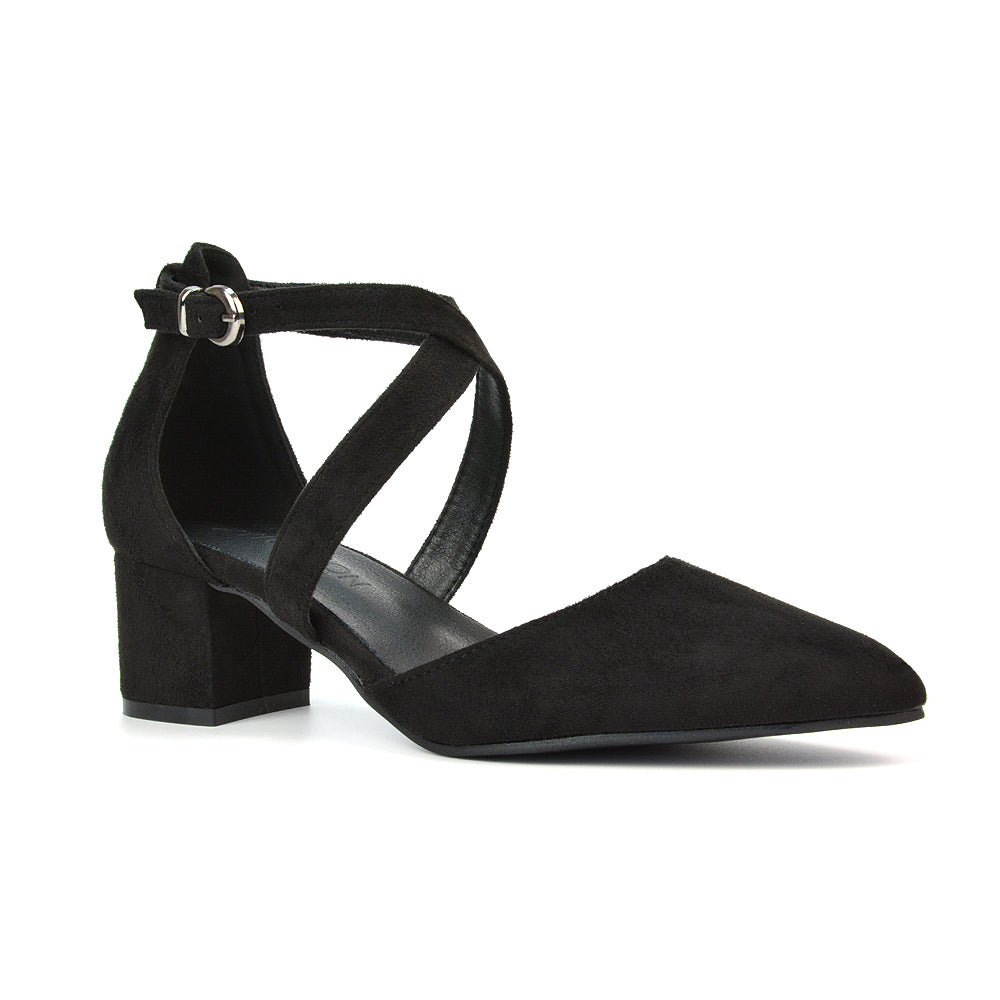 Cynthia Pointed Toe Ankle Strap Mid Block Heels Court Shoes in Black Faux Suede