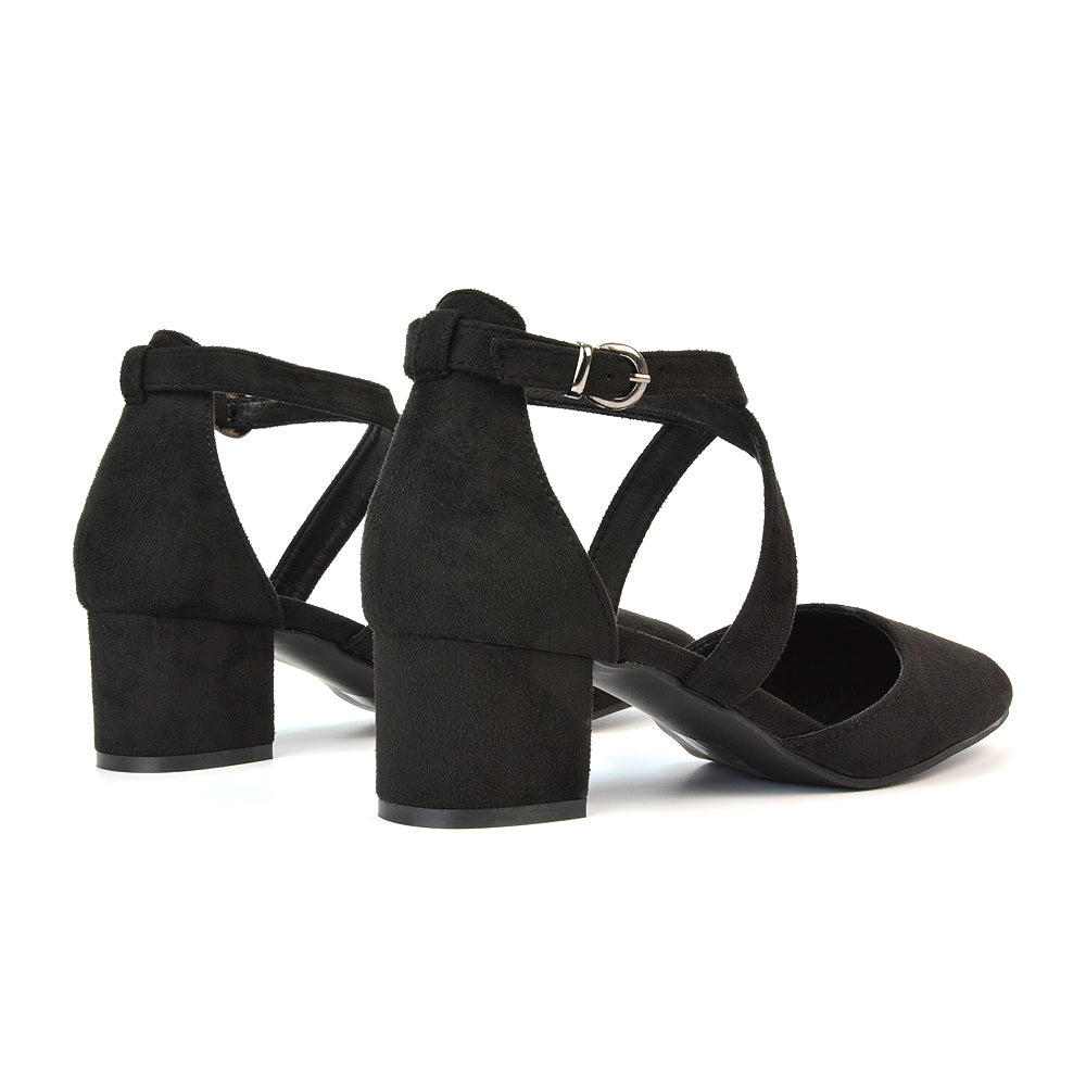 Cynthia Pointed Toe Ankle Strap Mid Block Heels Court Shoes in Black Faux Suede