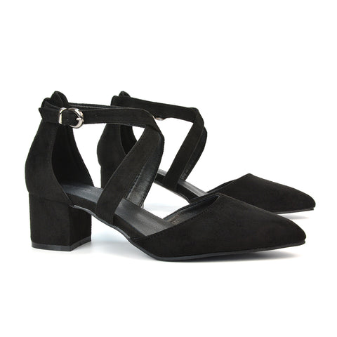 Cynthia Pointed Toe Ankle Strap Mid Block Heels Court Shoes in Black Faux Suede