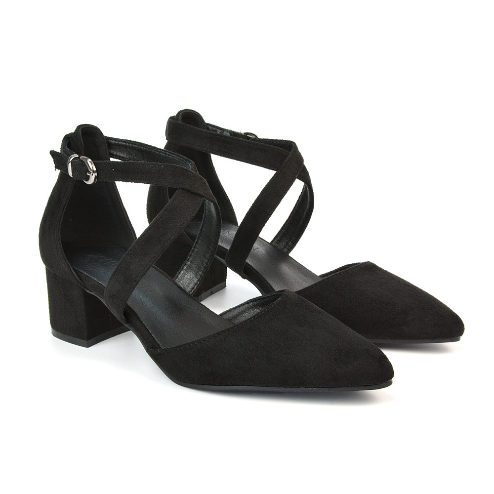 Cynthia Pointed Toe Ankle Strap Mid Block Heels Court Shoes in Black Faux Suede