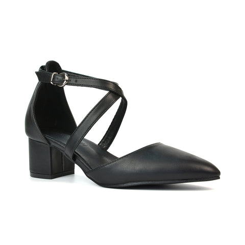 Cynthia Pointed Toe Ankle Strap Mid Block Heels Court Shoes in Black Faux Suede