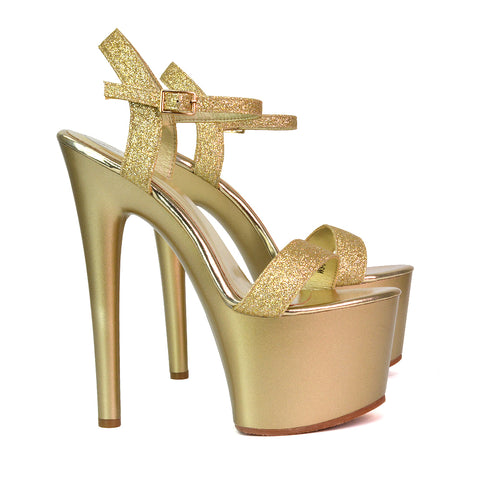 Matilda Statement Strappy Sky High Stiletto Platform Heels in Gold Glitter