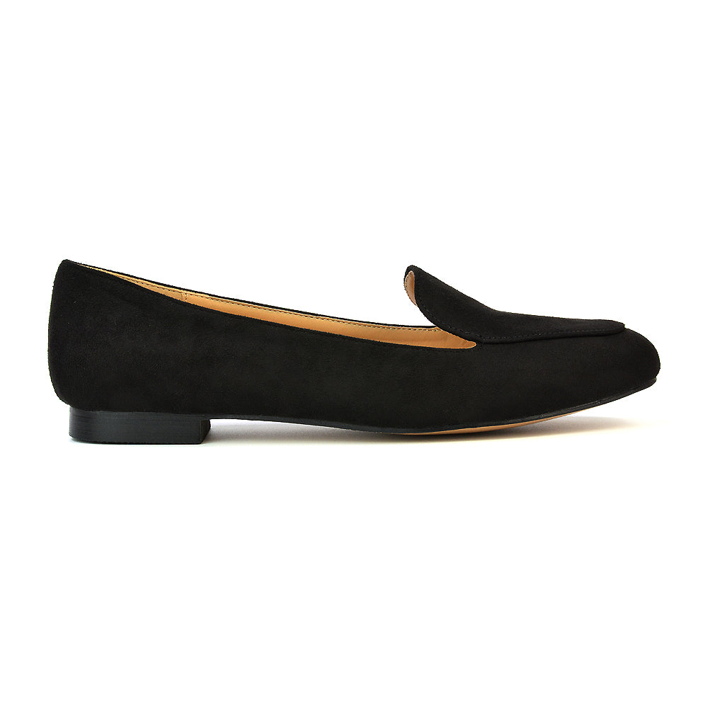 Quincy Slip On Low Heel Back to School Shoes Pumps Loafers in Black Faux Suede